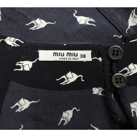 Miu Miu Women's 2016 Midi Length Black Silk Dress Cat Print Sz 38 / S - Picture 8 of 11